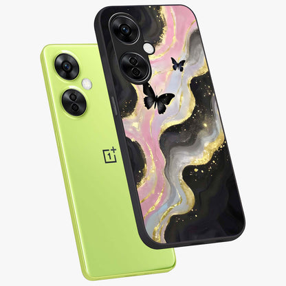 Golden Mist Butterflies Glass Case for 1+Nord CE 3 Lite angled mockup showcasing glossy glass finish and luminous detailing