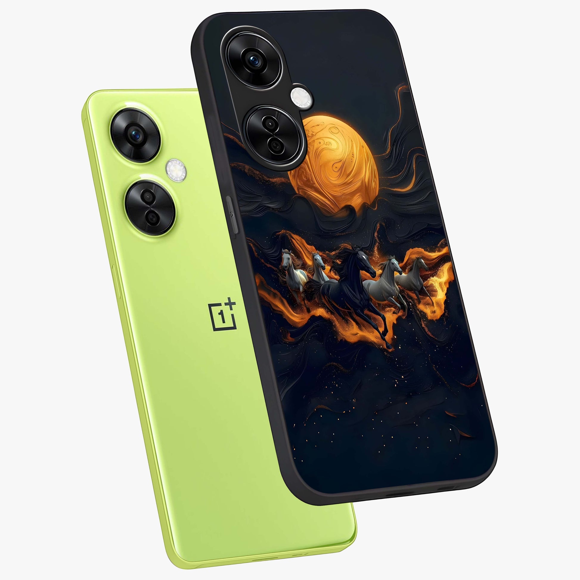 Golden Stallion Moonride Glass Case for 1+Nord CE 3 Lite angled mockup showcasing glossy finish and rich celestial tones