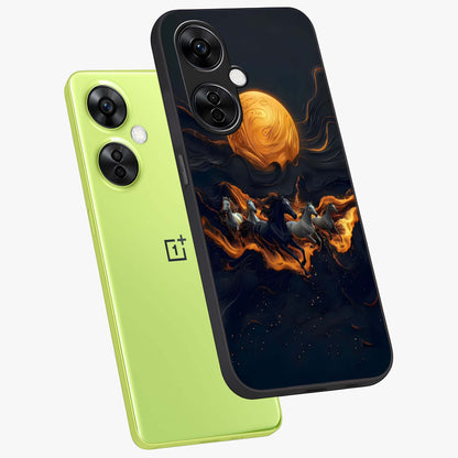 Golden Stallion Moonride Glass Case for 1+Nord CE 3 Lite angled mockup showcasing glossy finish and rich celestial tones