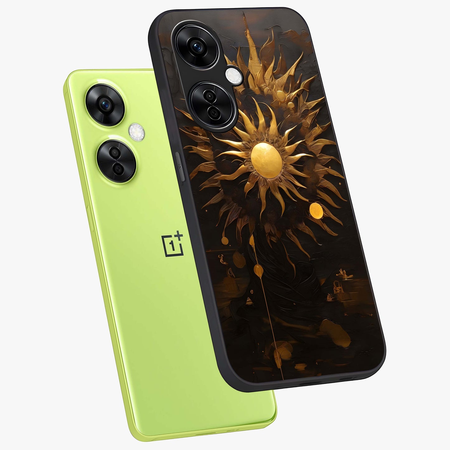Golden Sun Majesty Glass Case for 1+Nord CE 3 Lite angled mockup showcasing glossy finish and warm celestial gradients