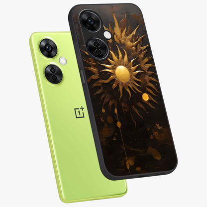 Golden Sun Majesty Glass Case for 1+Nord CE 3 Lite angled mockup showcasing glossy finish and warm celestial gradients
