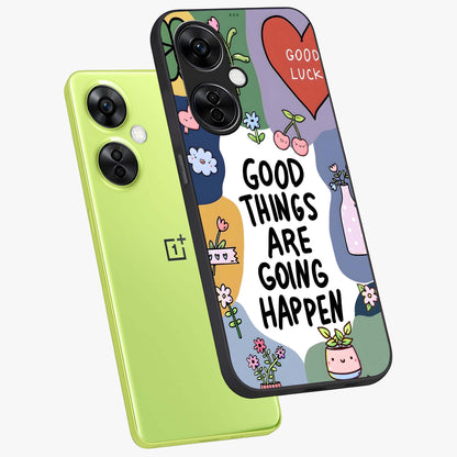Good Thing Quote Glass Case for 1+Nord CE 3 Lite angled mockup showcasing glossy finish and clean modern design
