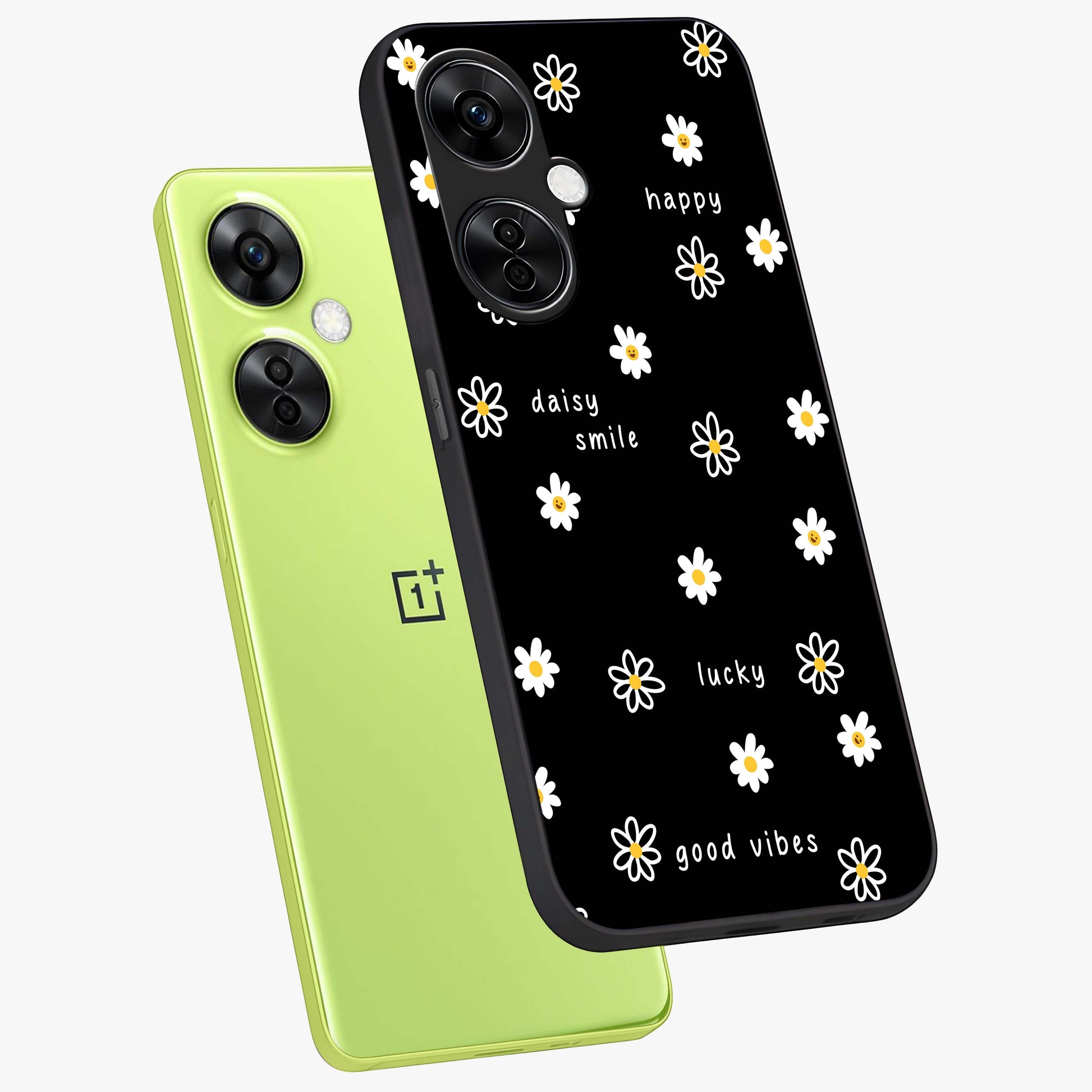 Good Vibes Daisy Black Pattern Glass Case for 1+Nord CE 3 Lite angled mockup showcasing glossy finish and bold floral contrast