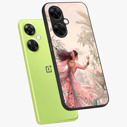 Graceful Garden Rhythm Glass Case for 1+Nord CE 3 Lite angled mockup showcasing glossy glass finish and soft bloom detailing