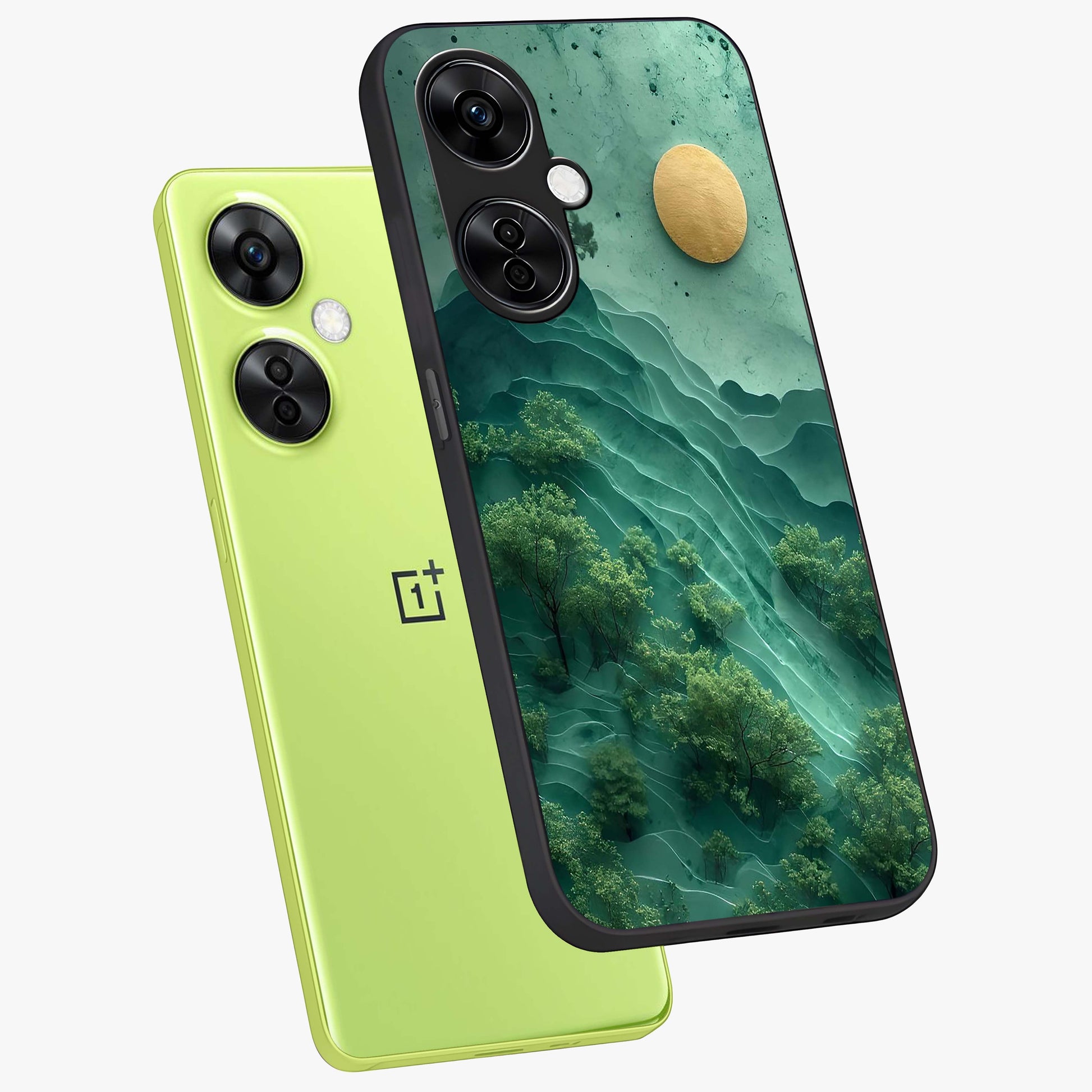 Green Hills With Sun Glass Case for 1+Nord CE 3 Lite angled mockup showcasing glossy finish and natural gradient tones