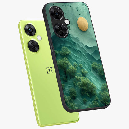 Green Hills With Sun Glass Case for 1+Nord CE 3 Lite angled mockup showcasing glossy finish and natural gradient tones