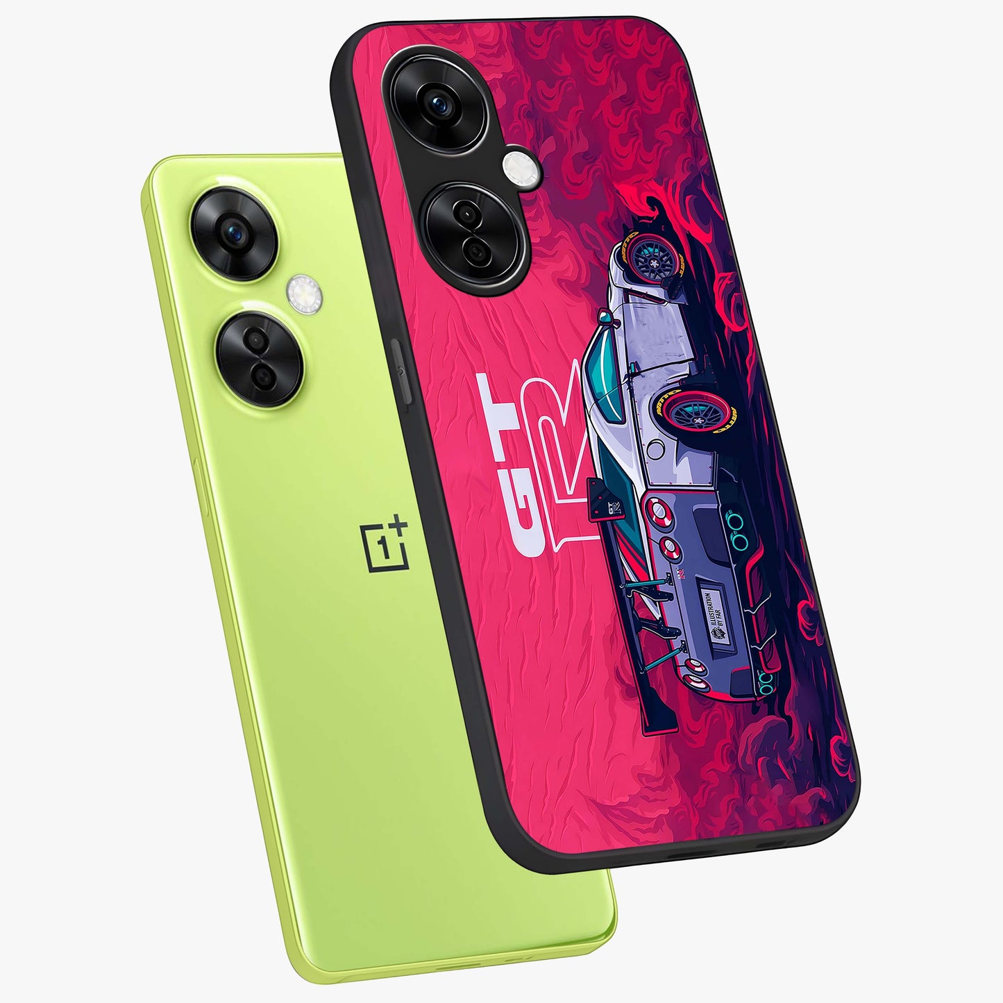 Gt R Car Pattern Glass Case for 1+Nord CE 3 Lite angled mockup showcasing glossy finish and sporty detailing