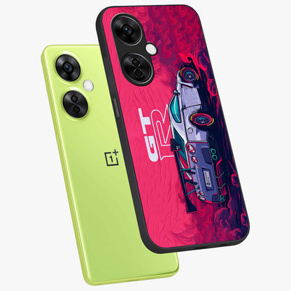 Gt R Car Pattern Glass Case for 1+Nord CE 3 Lite angled mockup showcasing glossy finish and sporty detailing