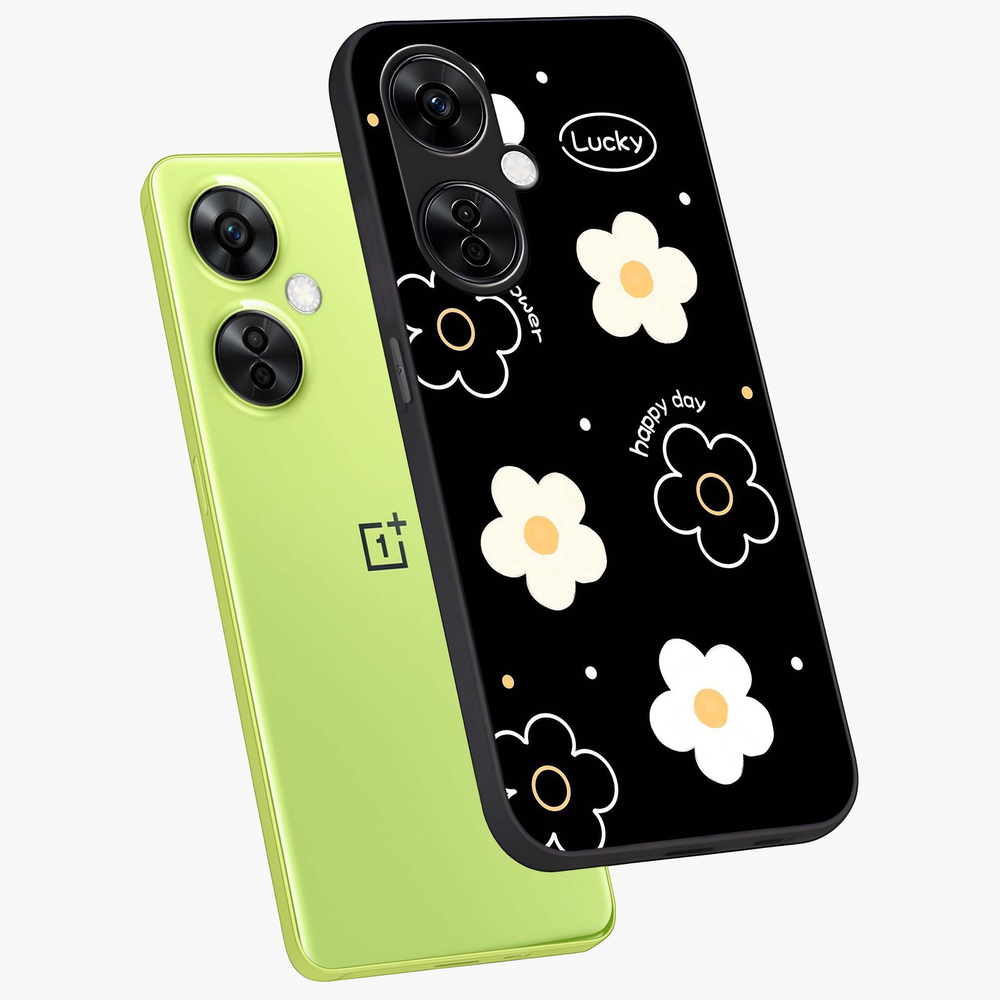 Happy Day Daisy Glass Case for 1+Nord CE 3 Lite angled mockup showcasing glossy finish and vibrant bloom tones