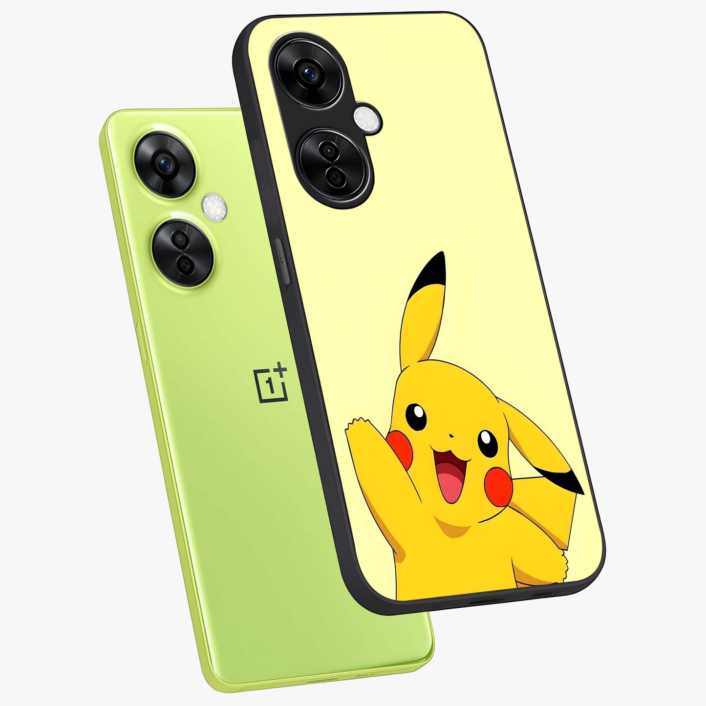Happy Electric Pikachu Glass Case for 1+Nord CE 3 Lite angled mockup showcasing glossy finish and vibrant yellow tones