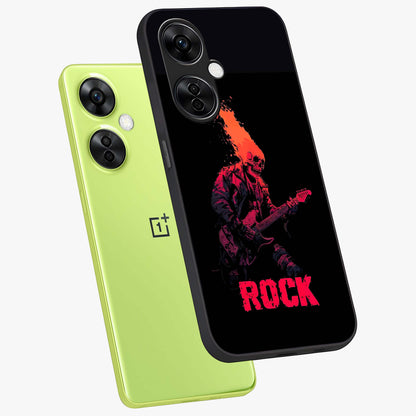 Hellfire Rock Anthem Glass Case for 1+Nord CE 3 Lite captured at a warm angle highlighting bold flame tones, gloss, and edge clarity.