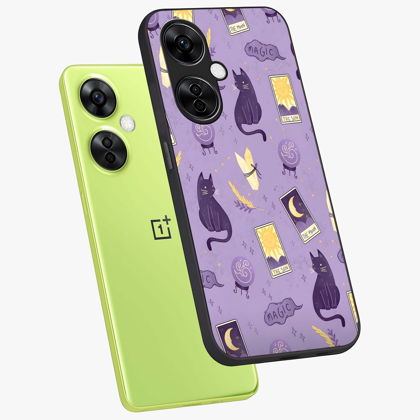 Humble Magic Cats Glass Case for 1+Nord CE 3 Lite captured at a warm angle highlighting playful magical details, gloss, and edge clarity.