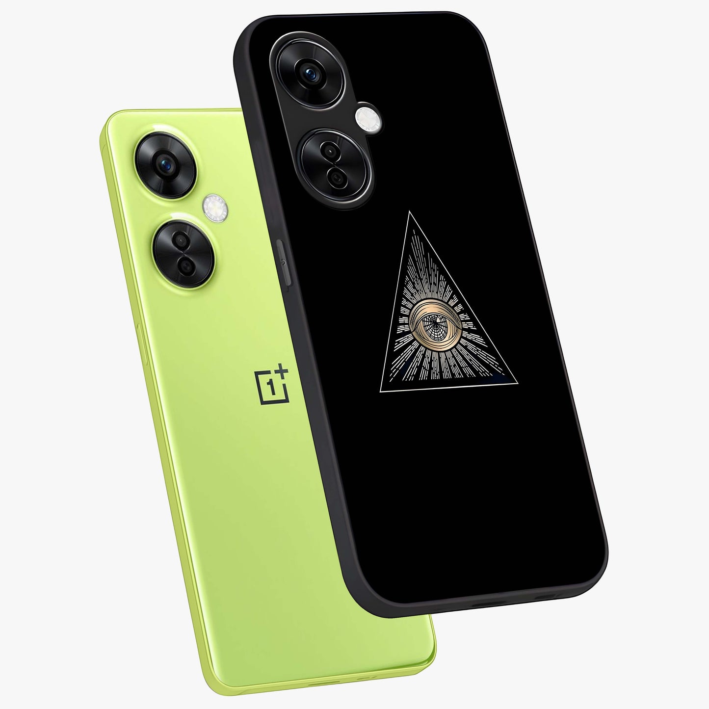 Illuminati Evil Glass Case for 1+Nord CE 3 Lite captured at a warm angle highlighting sharp graphic details, gloss, and edge clarity.