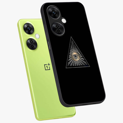 Illuminati Evil Glass Case for 1+Nord CE 3 Lite captured at a warm angle highlighting sharp graphic details, gloss, and edge clarity.