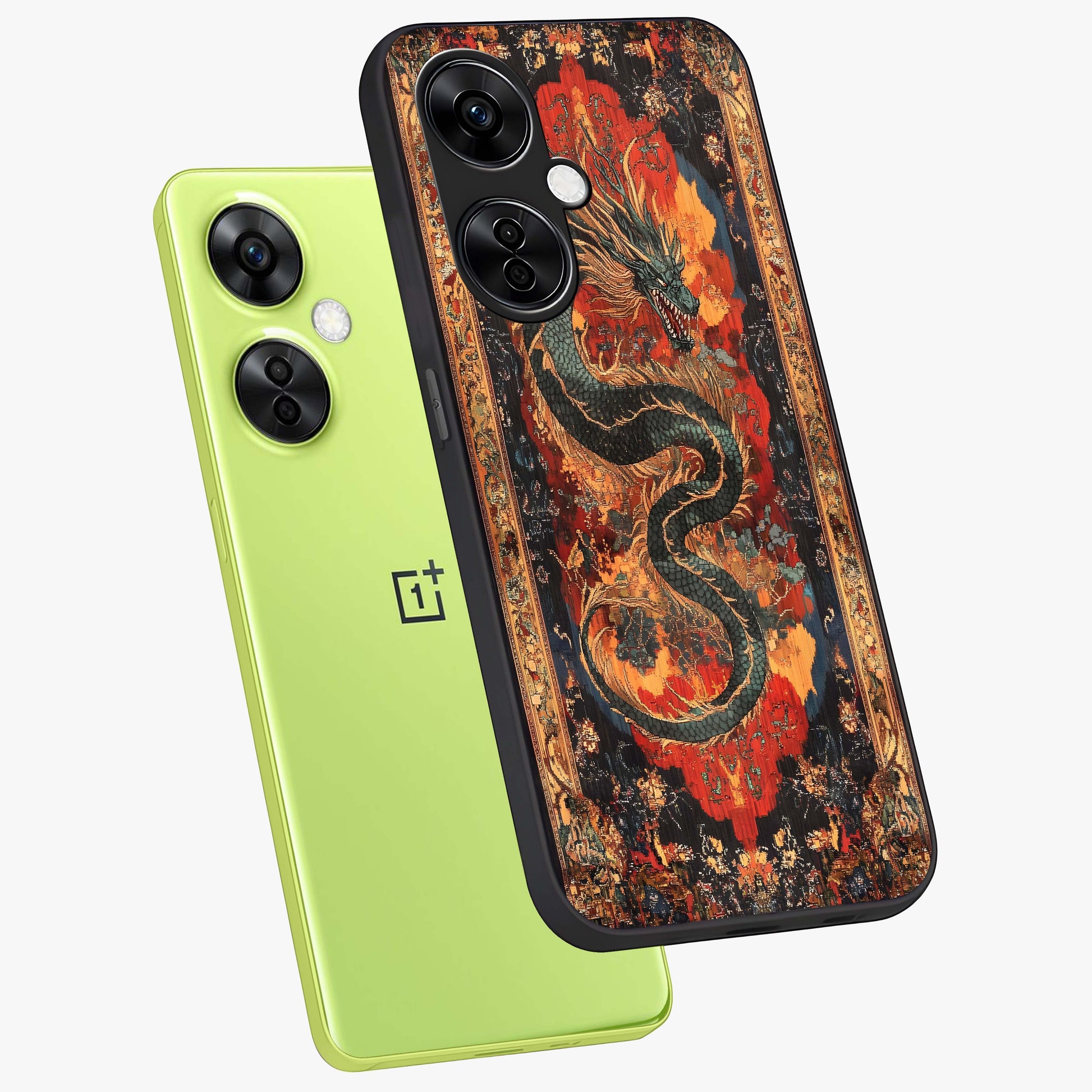 Inferno Dragon Soul Glass Case for 1+Nord CE 3 Lite captured at a warm angle highlighting fierce fire tones, gloss, and edge clarity.