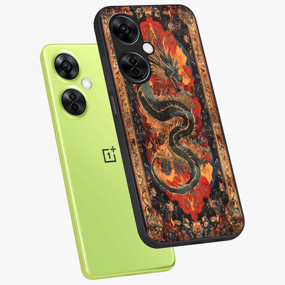 Inferno Dragon Soul Glass Case for 1+Nord CE 3 Lite captured at a warm angle highlighting fierce fire tones, gloss, and edge clarity.