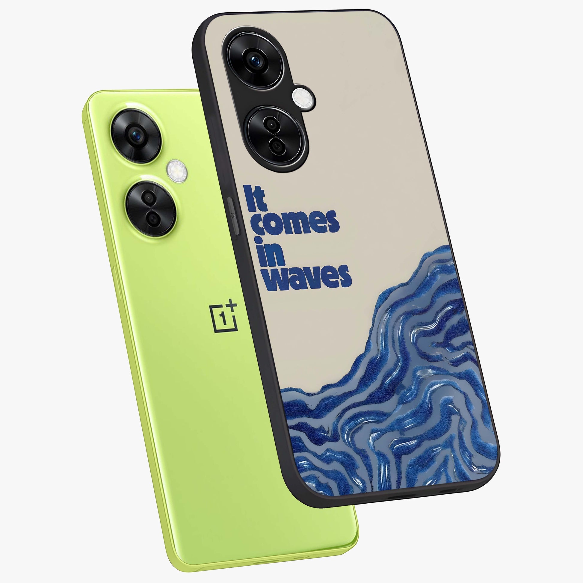 It Comes in Waves Quote Glass Case for 1+Nord CE 3 Lite captured at a warm angle highlighting clean typography, gloss, and edge clarity.