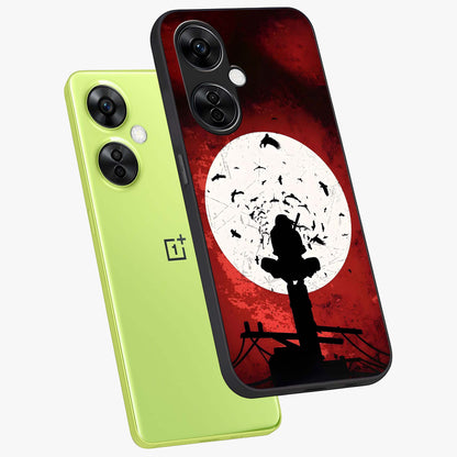 Itachi Limited Edition Naruto Anime Case Glass Case for 1+Nord CE 3 Lite angled mockup showcasing glossy glass finish and dramatic red tones