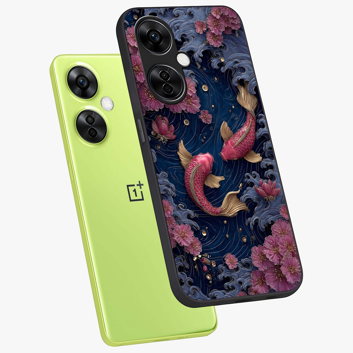 Koi Wave Dance Glass Case for 1+Nord CE 3 Lite angled mockup showcasing glossy finish and vibrant aquatic tones