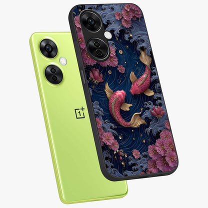 Koi Wave Dance Glass Case for 1+Nord CE 3 Lite angled mockup showcasing glossy finish and vibrant aquatic tones