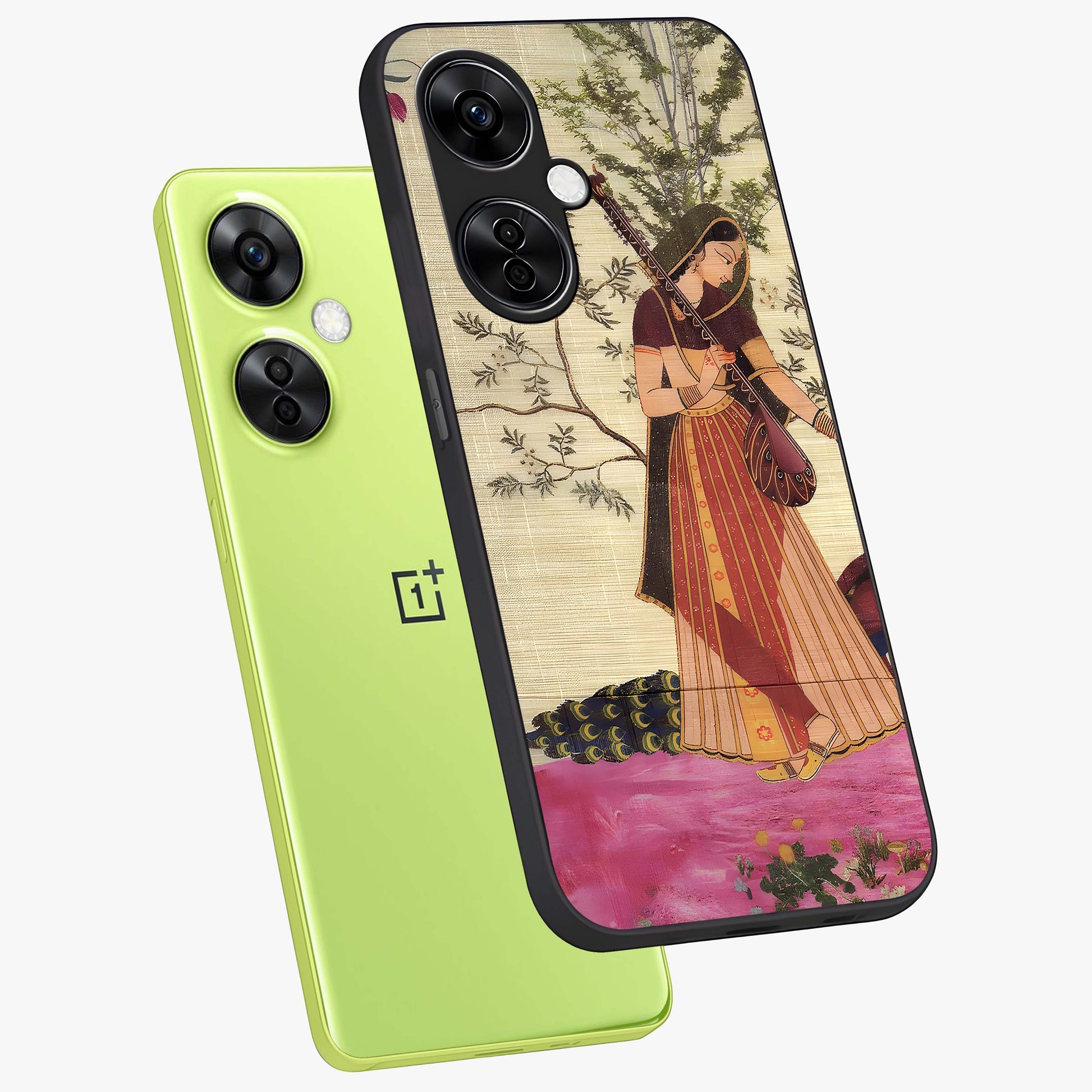 Lady With Veena Art Glass Case for 1+Nord CE 3 Lite angled mockup showcasing glossy finish and refined artistic detailing