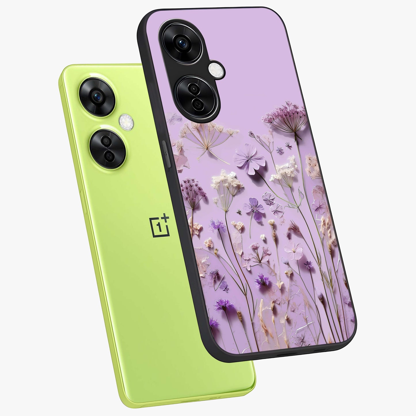 Lavender Blossom Dream Glass Case for 1+Nord CE 3 Lite angled mockup showcasing glossy finish and pastel purple tones