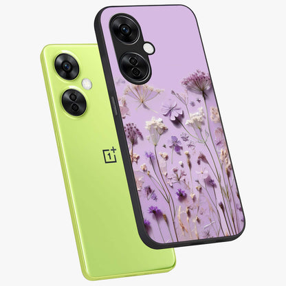 Lavender Blossom Dream Glass Case for 1+Nord CE 3 Lite angled mockup showcasing glossy finish and pastel purple tones