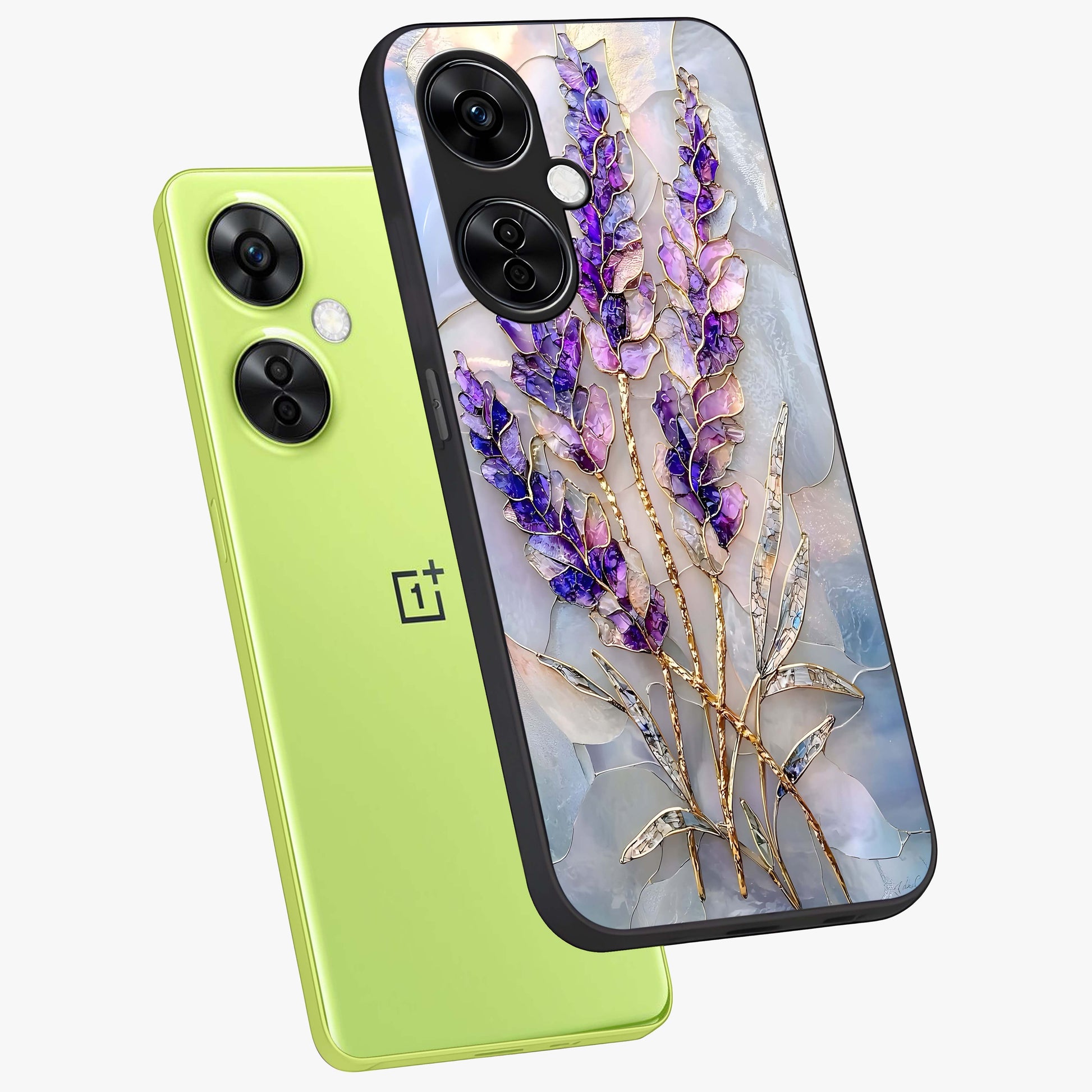 Lavender Dream Glow Glass Case for 1+Nord CE 3 Lite angled mockup showcasing glossy finish and luminous purple gradients
