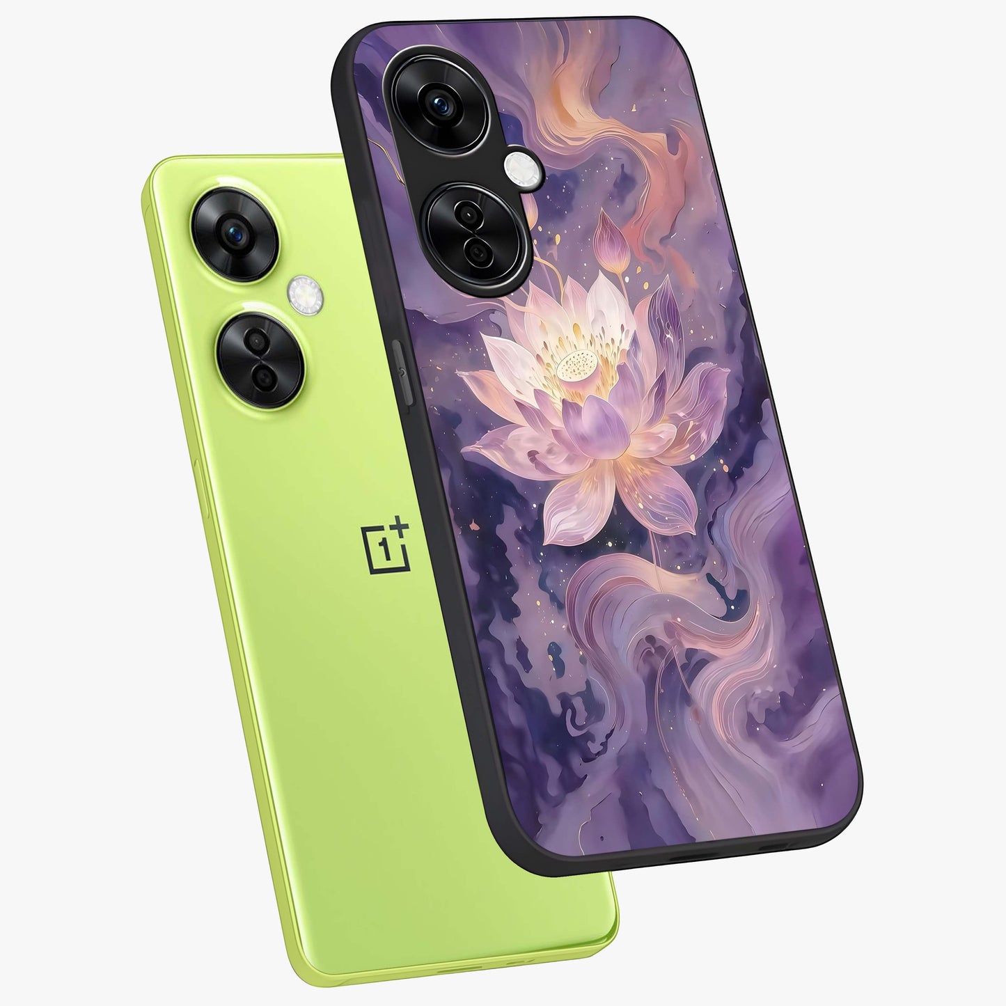 Lavender Lotus Muse Glass Case for 1+Nord CE 3 Lite angled mockup showcasing glossy finish and refined floral detailing