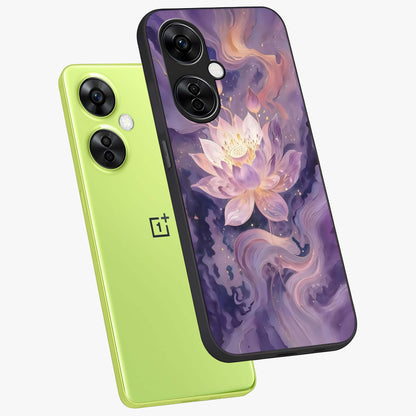 Lavender Lotus Muse Glass Case for 1+Nord CE 3 Lite angled mockup showcasing glossy finish and refined floral detailing