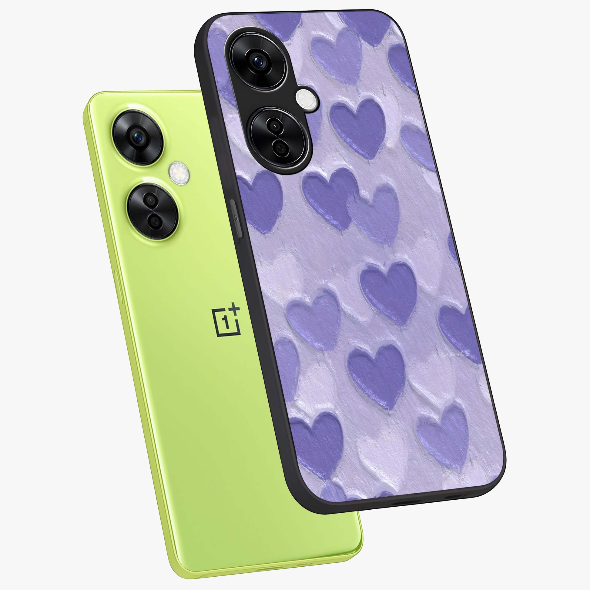 Lavender Paper Hearts Glass Case for 1+Nord CE 3 Lite angled mockup showcasing glossy finish and playful pastel detailing