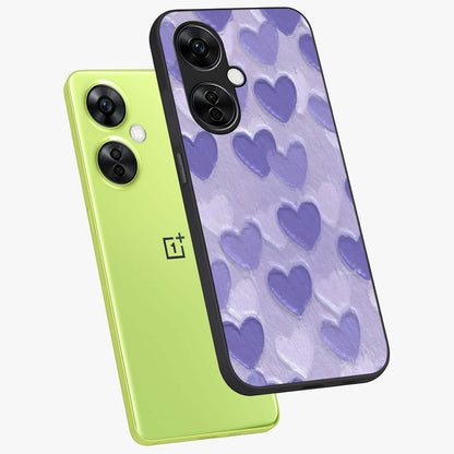 Lavender Paper Hearts Glass Case for 1+Nord CE 3 Lite angled mockup showcasing glossy finish and playful pastel detailing