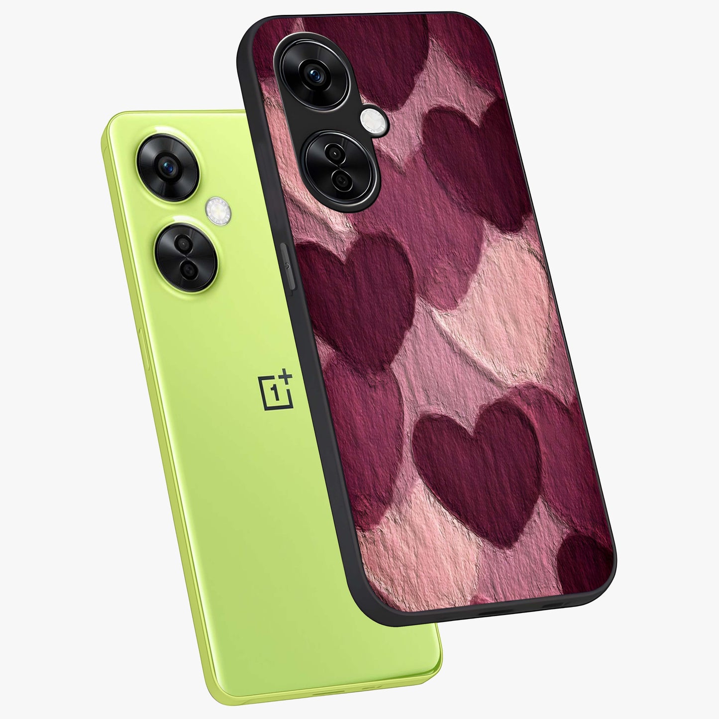 Layered Paper Hearts Glass Case for 1+Nord CE 3 Lite angled mockup showcasing glossy finish and soft romantic tones