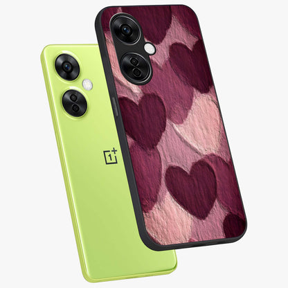 Layered Paper Hearts Glass Case for 1+Nord CE 3 Lite angled mockup showcasing glossy finish and soft romantic tones