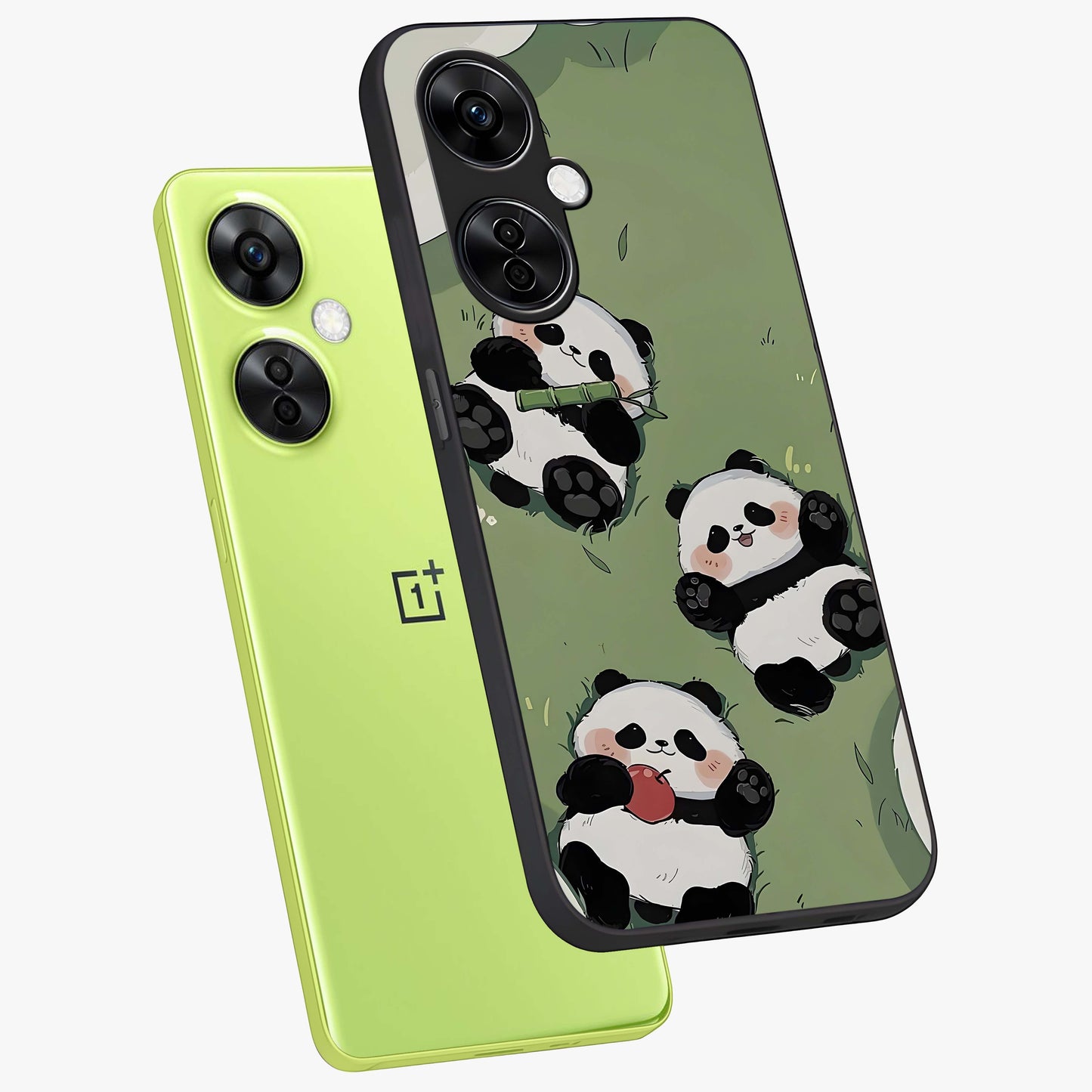 Lazy Panda Picnic Glass Case for 1+Nord CE 3 Lite angled mockup showcasing glossy finish and vibrant cartoon detailing