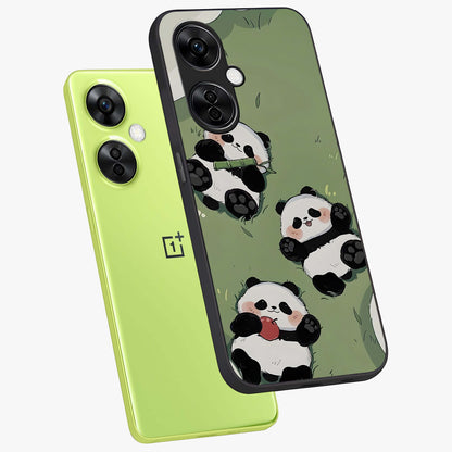 Lazy Panda Picnic Glass Case for 1+Nord CE 3 Lite angled mockup showcasing glossy finish and vibrant cartoon detailing