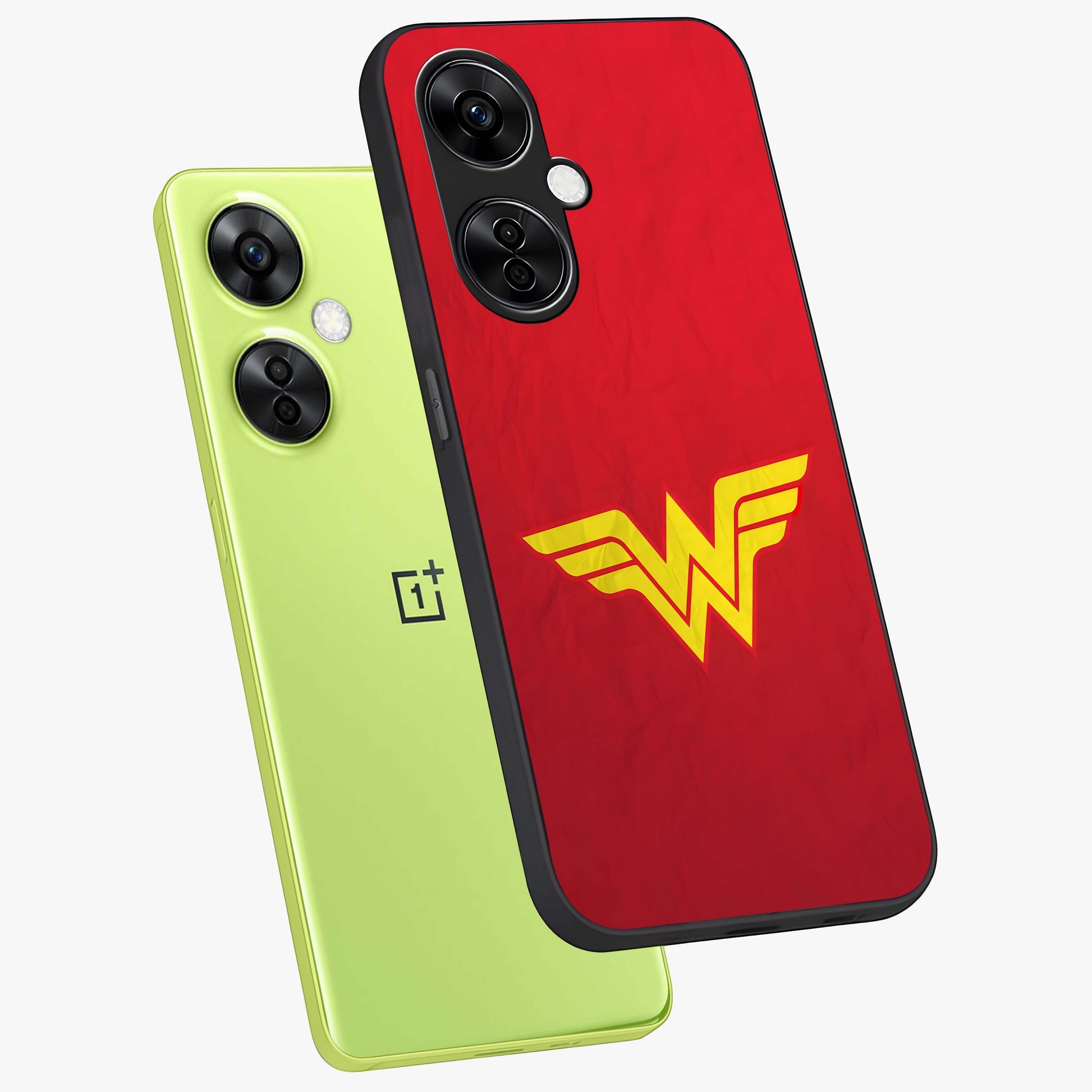 Legendary Wonder Power Glass Case for 1+Nord CE 3 Lite angled mockup showcasing glossy finish and vibrant power tones
