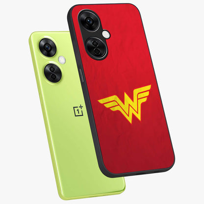Legendary Wonder Power Glass Case for 1+Nord CE 3 Lite angled mockup showcasing glossy finish and vibrant power tones