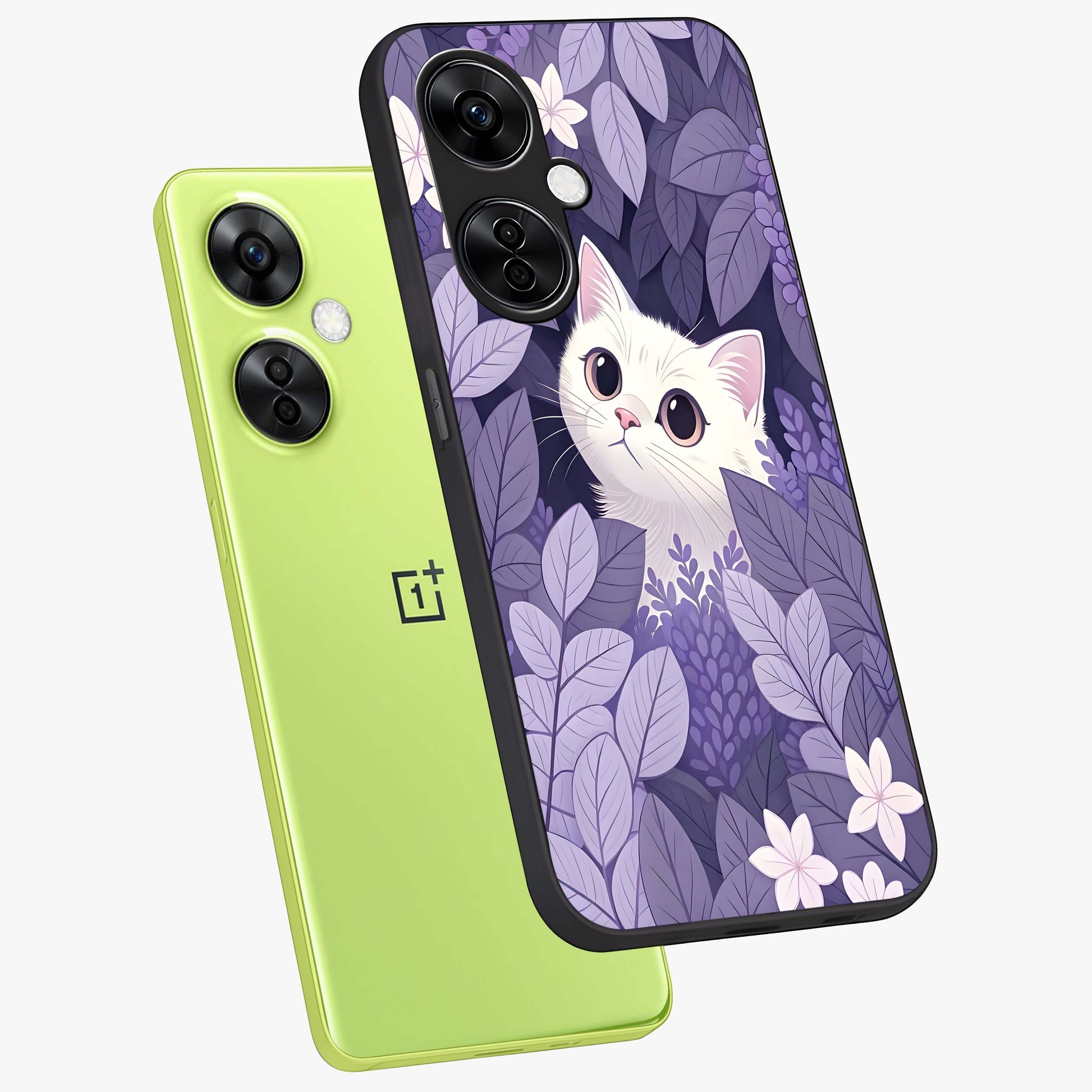 Lilac Hide Peek Cat Glass Case for 1+Nord CE 3 Lite angled mockup showcasing glossy finish and cute character detailing