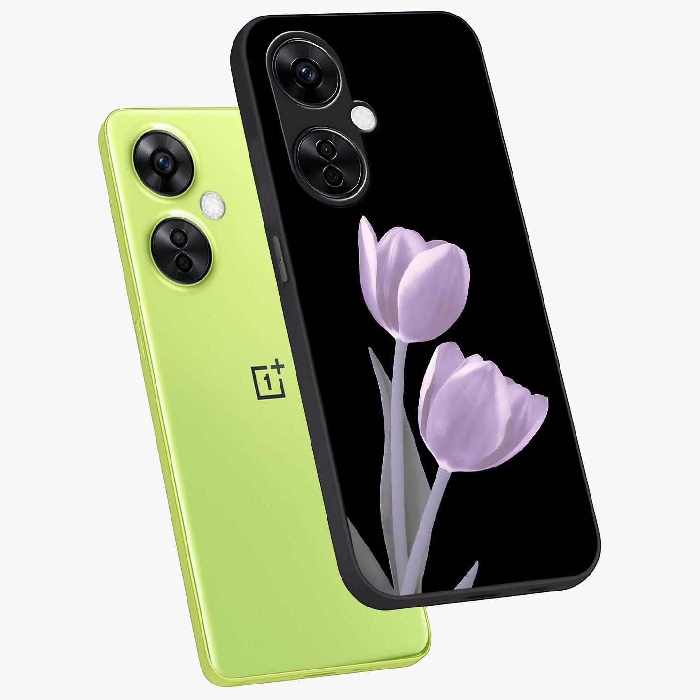 Lilac Tulip Flowers Glass Case for 1+Nord CE 3 Lite angled mockup showcasing glossy finish and delicate bloom detailing