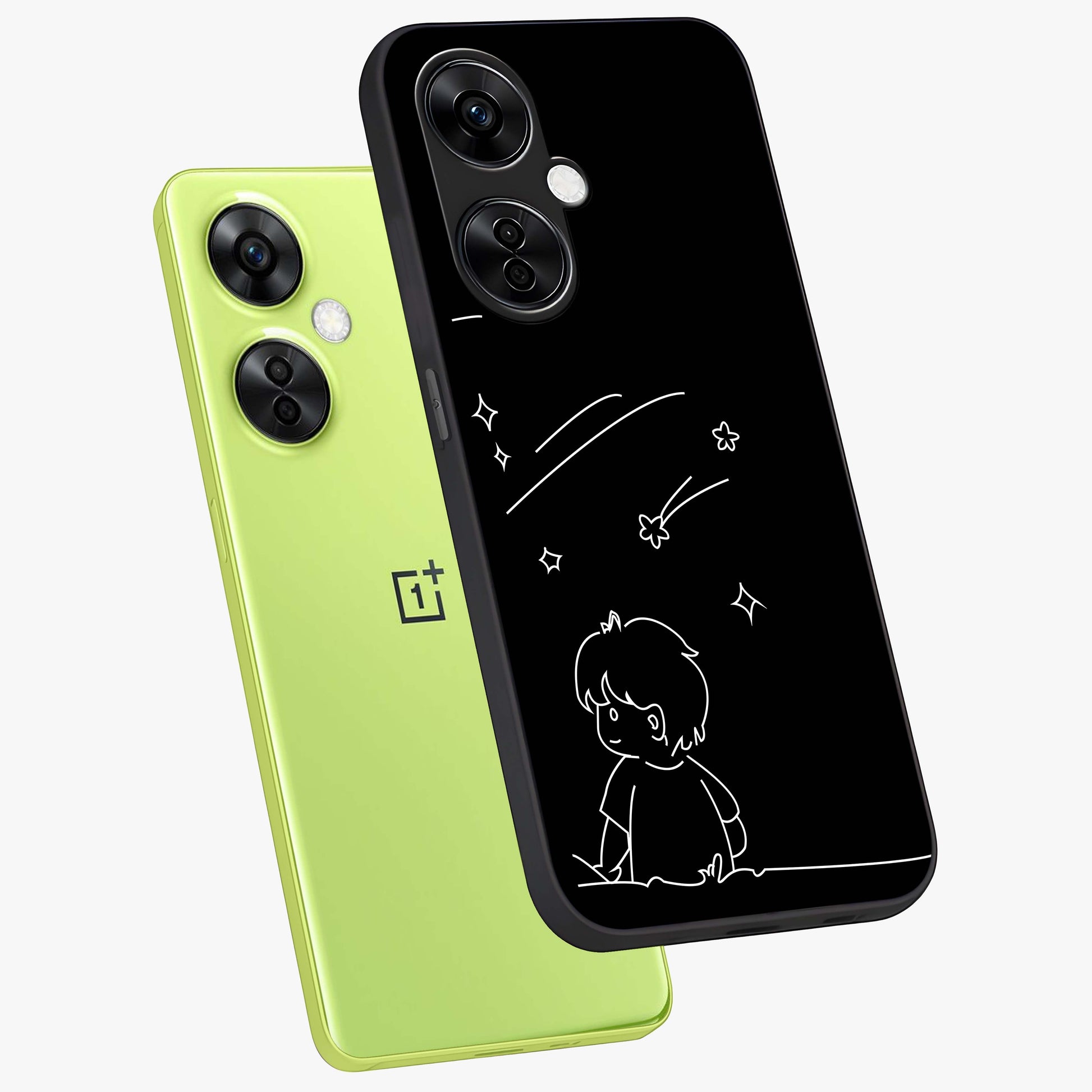 Line Art Boy With Shooting Stars Glass Case for 1+Nord CE 3 Lite angled mockup showcasing glossy finish and clean monochrome detailing