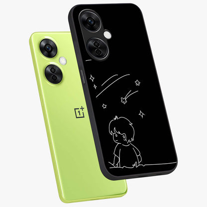 Line Art Boy With Shooting Stars Glass Case for 1+Nord CE 3 Lite angled mockup showcasing glossy finish and clean monochrome detailing