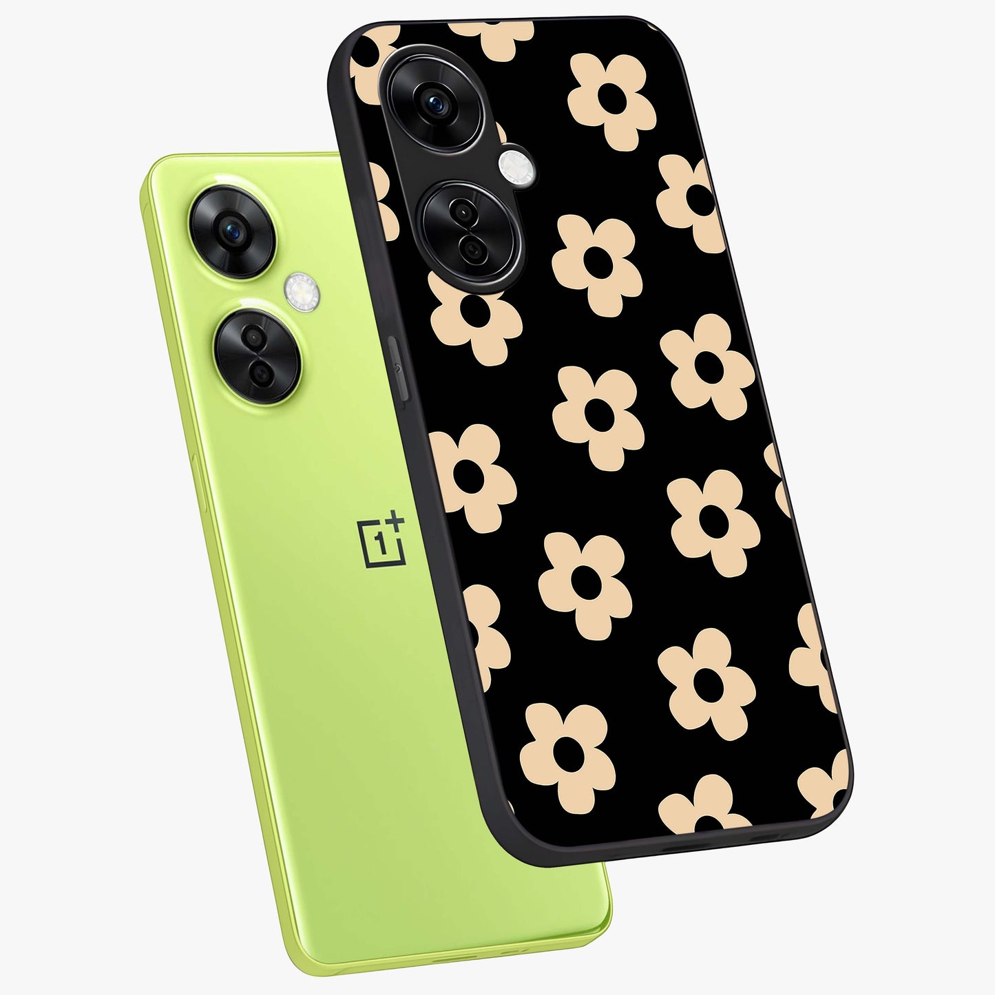 Little Daisy Flower Retro Pattern Glass Case for 1+Nord CE 3 Lite angled mockup showcasing glossy finish and vintage bloom tones