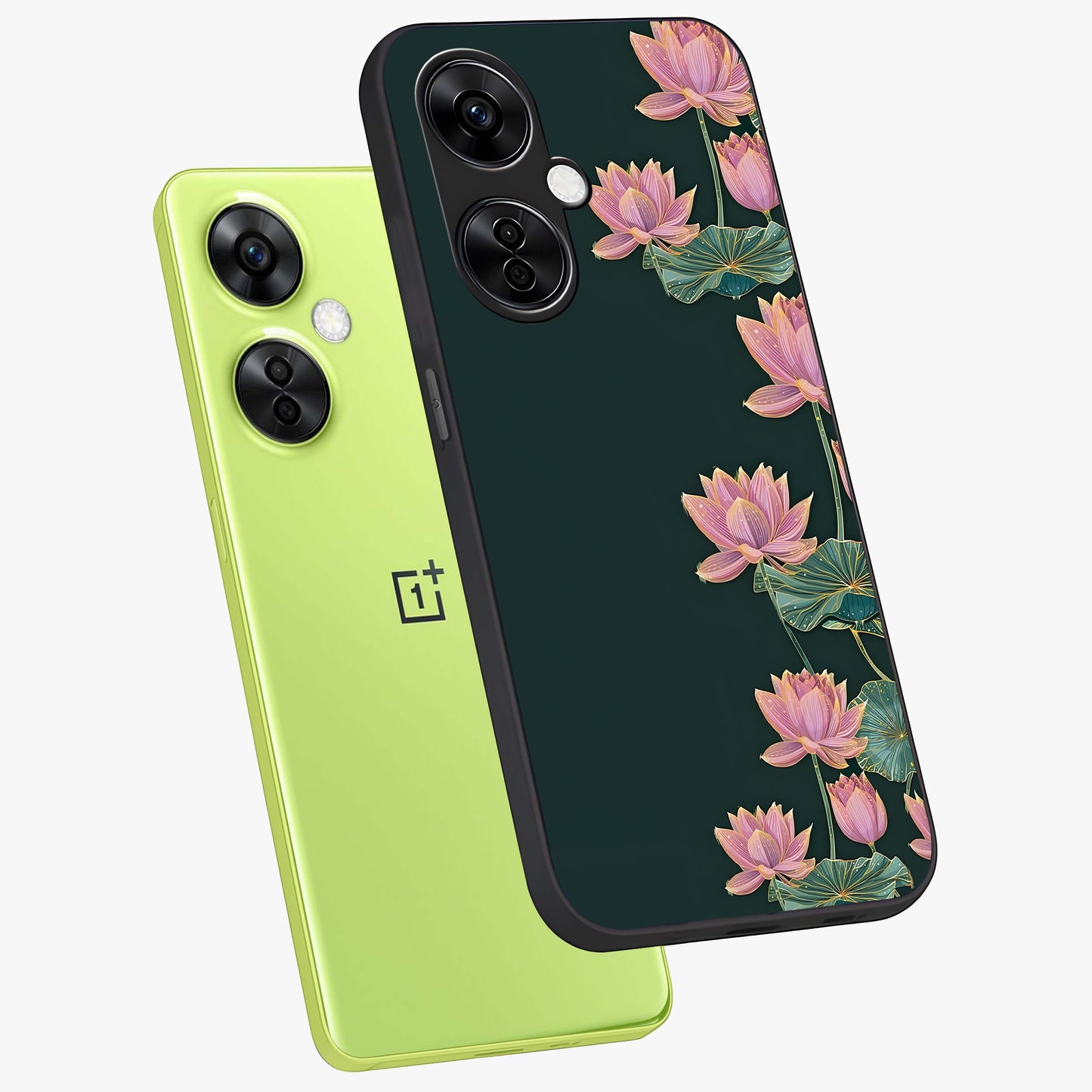 Lotus Bloom Serenity Glass Case for 1+Nord CE 3 Lite angled mockup showcasing glossy glass finish and calming tones