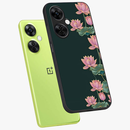 Lotus Bloom Serenity Glass Case for 1+Nord CE 3 Lite angled mockup showcasing glossy glass finish and calming tones