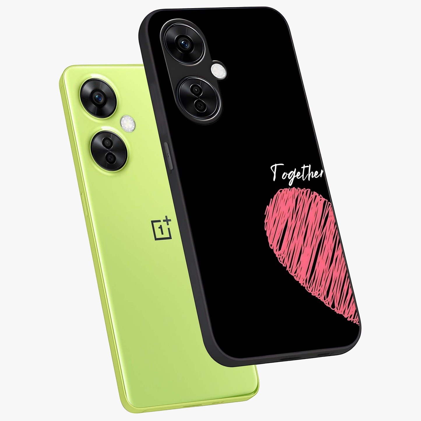 Love Forever Together Left Glass Case for 1+Nord CE 3 Lite angled mockup showcasing glossy finish and soft love inspired tones