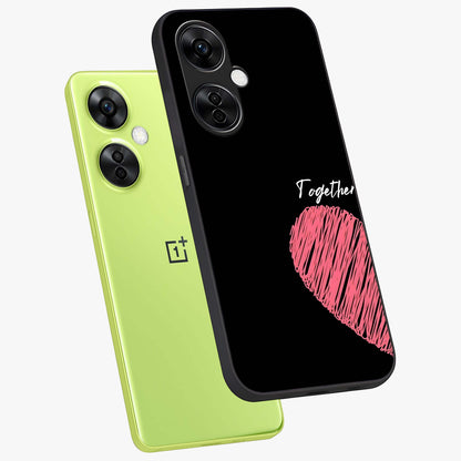 Love Forever Together Left Glass Case for 1+Nord CE 3 Lite angled mockup showcasing glossy finish and soft love inspired tones