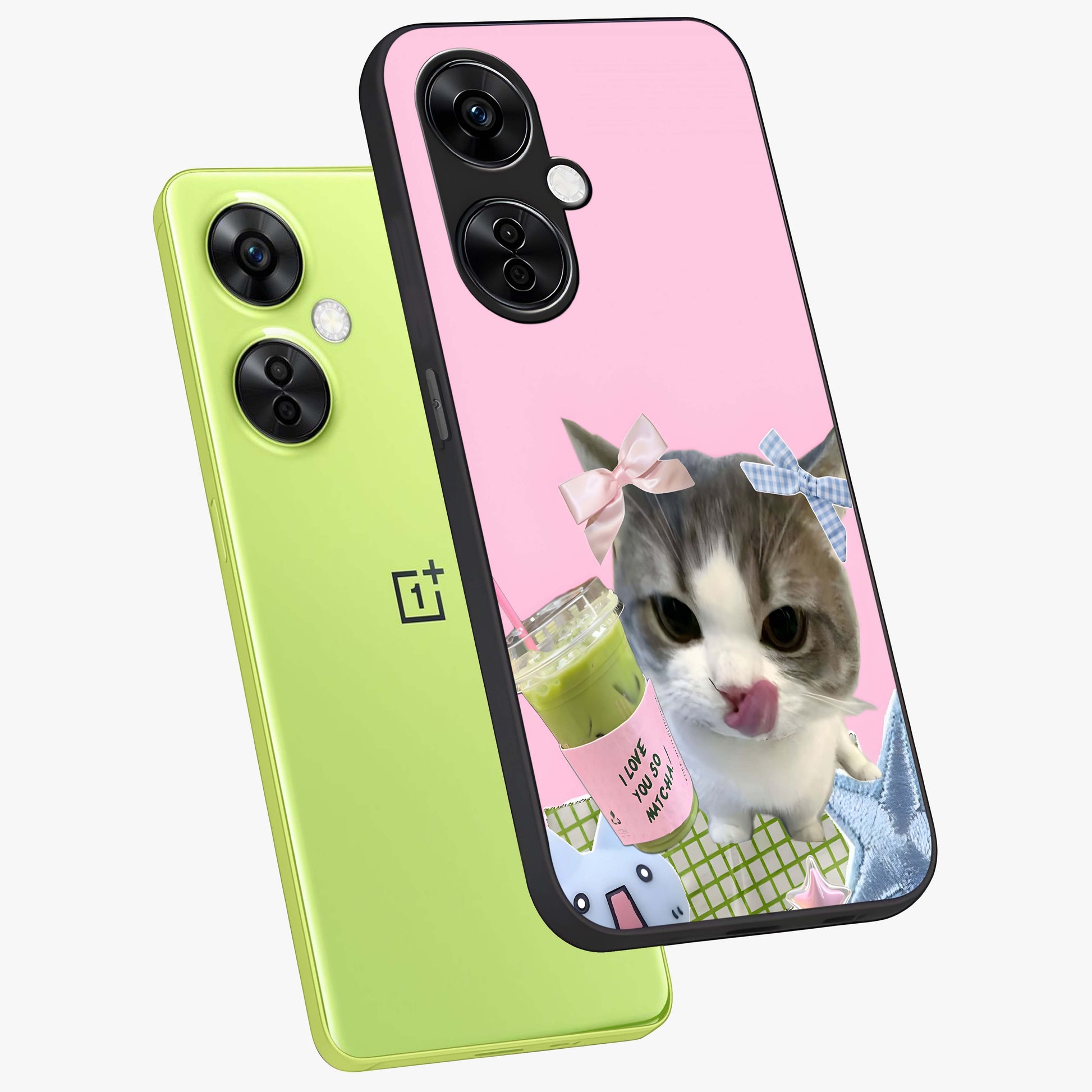 Love Matcha Cat Glass Case for 1+Nord CE 3 Lite angled mockup showcasing glossy finish and playful pastel tones