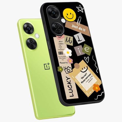 Lucky Aesthetic Collage Case Glass Case for 1+Nord CE 3 Lite angled mockup showcasing glossy finish and colorful textures