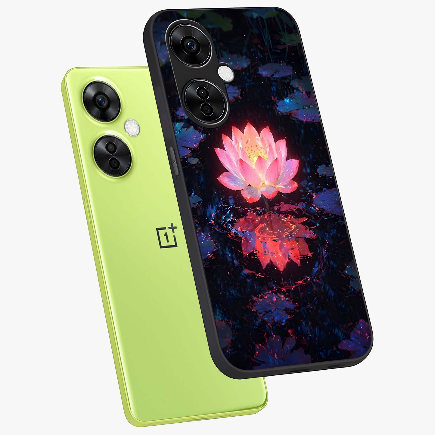 Luminous Lotus Glow Glass Case for 1+Nord CE 3 Lite angled mockup showcasing glossy finish and warm luminous tones
